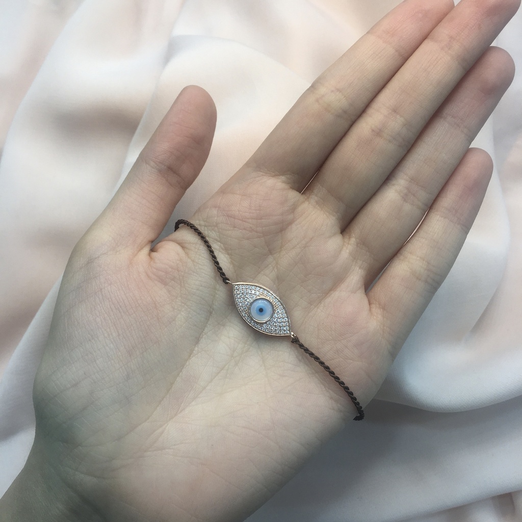 Mekik Göz Kahverengi İpli Roz Kaplama Makrome Gümüş Bileklik