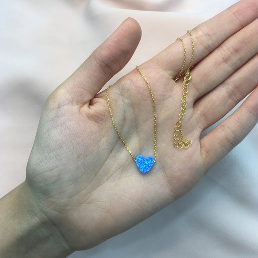 [NCL0520492GDR] Kalp Mavi Opal Taşlı Altın Kaplama Gümüş Kolye